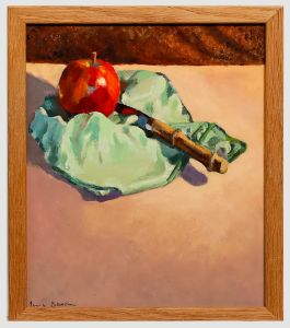 June Bevan (b.1927) - 20th Century Oil, Red Apple on Green Napkin