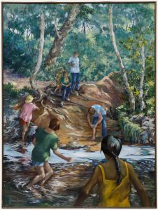June Bevan (b.1927) - 20th Century Acrylic, Children Paddling in Bramhall Park