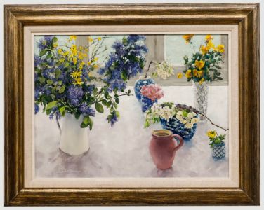 June Bevan (b.1927) - 20th Century Oil, Ceanothus in Pink Jug