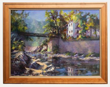 June Bevan (b.1927) - 20th Century Oil, Footbridge at Agios Ioannis