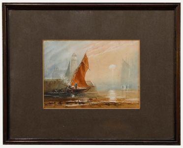 Framed Late 19th Century Watercolour - Harbour Scene at Low Tide