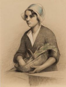 G. Querville - 1936 Graphite Drawing, Woman with Basket of Vegetables