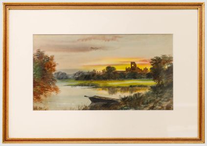W. Davy - 19th Century Watercolour, sunset Over Kirkstall Abbey
