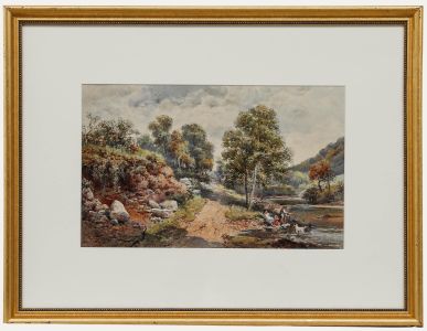 Charles Rowbotham (1826-1904) - Framed Watercolour, Children Playing by a River