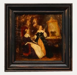 Framed 19th Century Oil - Noblewoman and her lady-in-waiting