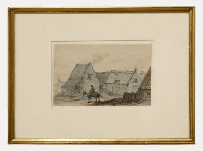 Framed Georgian Watercolour - Rider before a Village