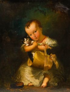 Eugene Gabe - French Mid 19th Century Oil, Child with Kitten