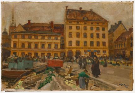 Axel Erdmann (1873-1954) - Early 20th Century Oil, A Busy Market in Stockholm