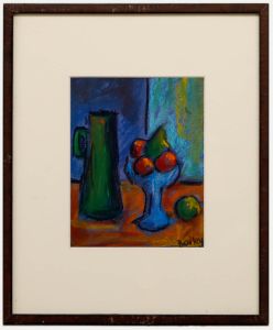 Bailey - Framed Contemporary Pastel, Green Jug with Fruit