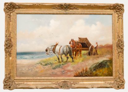 G. Melville - Early 20th Century Oil, Shire Horses By The Coast
