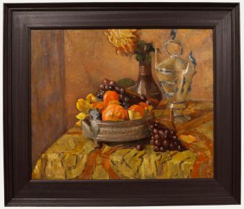 Framed Oil, Still Life with Samovar & Fruit Basket