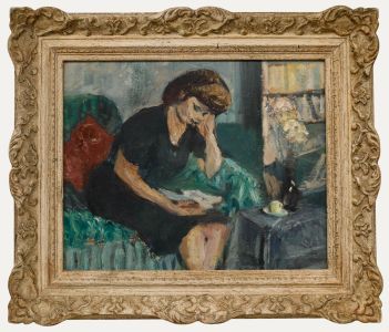 Cecile Hertz-Eyrolles (1875-1974) - Framed Oil, Reading on the Green Sofa