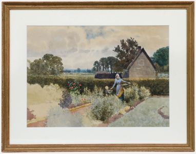 George Gordon Fraser (1859-1895) - Watercolour, The Artist's Wife in the Garden