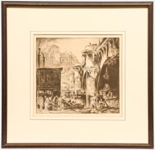 Sir Frank Brangwyn RA (1867-1956) - Etching, Workers on the Pont Neuf bridge