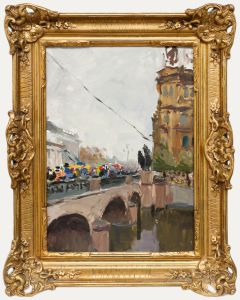 M. Kazehko - Framed 20th Century Oil, Crowds on the Town Bridge