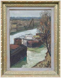 French School Mid 20th Century Oil - Barges on the Seine