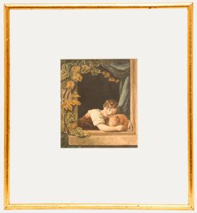 Early 19th Century Watercolour - Little Girl with Orange Cat