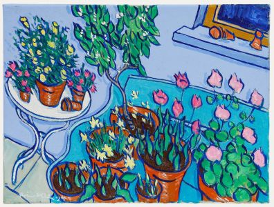 Brian William - Contemporary Oil, Flowers on a Garden Bench