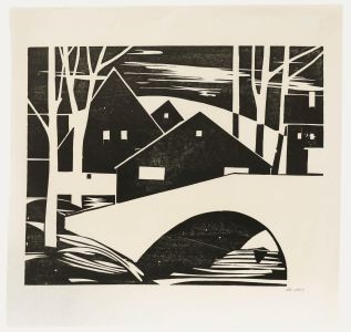 Ali Kurt Baumgarten (1914-2009) - 1981 Woodcut, Village from the Bridge