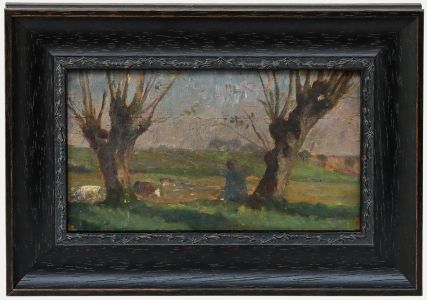 French School Early 20th Century Oil - Observing Cattle