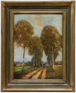 Adolf Gruttner - German School Early 20th Century Oil, Walk in the Birch Avenue
