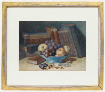 19th Century Watercolour - Still Life with Books & Fruit