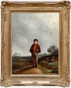 English School 19th Century Oil - Portrait of a Farm Boy with Rattle