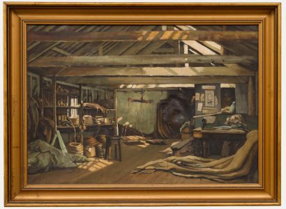 British School Mid 20th Century Oil - Workshop Interior
