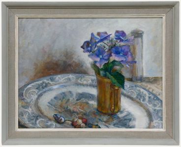 Pauline Plummer (b.1933) - Framed Contemporary Oil, Hydrangea Cutting on a Platter