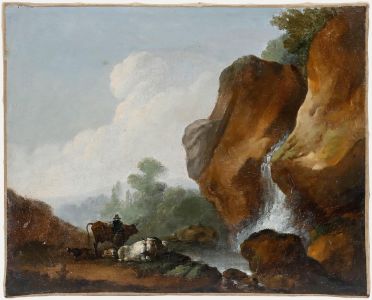 Follower of Philip James de Loutherbourg (1740-1812) - Oil, At the Waterfall