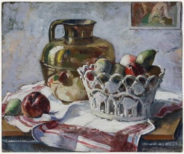 20th Century Oil - Still Life of a Jug and Fruit