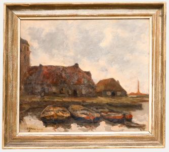 Gert Stegeman (1858-1940) - Early 20th Century Oil, Boats by the Cottages