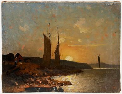 1887 Oil - Beached Fishing Boats at Sunset
