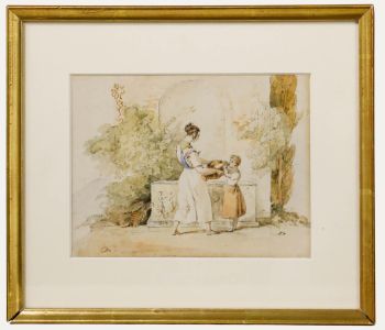 Framed Late 19th Century Watercolour - At the Fountain