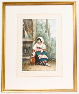 Framed 19th Century Watercolour - Girl by the Fountain