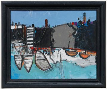 Onslow Sykes (1953-2017) - Framed 20th Century Oil, Moored Boats, Newlyn