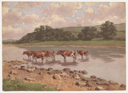 W.F. Ford - 1947 Watercolour, Cattle at the Waters Edge