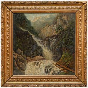 Framed Early 20th Century Oil - Waterfall in the Mountains