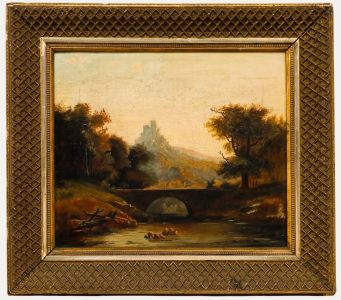 A. Beisker - Framed 1898 Oil, Bridge at Sunset