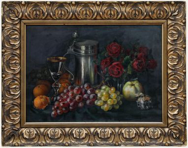 German School Early 20th Century Oil - Still life with a Jug, Roses, and Fruit