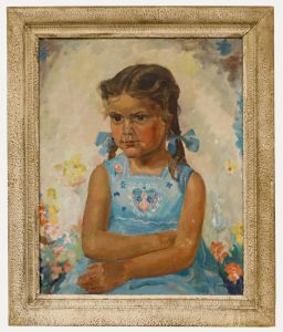 Framed Mid 20th Century Oil - Portrait of a Girl Amongst the Flowers