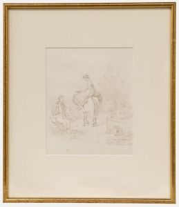 Paul Sandby Munn (1773-1845) - 1839 Graphite Drawing, Resting by the Fountain