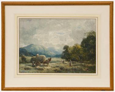 William Manners RBA (1860-1930)- Watercolour, Haymaking near the Langdale Pikes