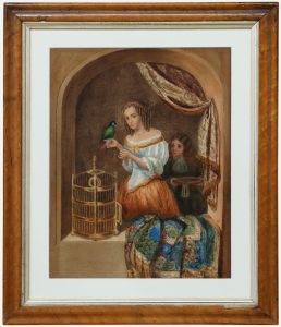 After Caspar Netscher - Framed 19th Century Watercolour, A Woman Feeding a Parrot