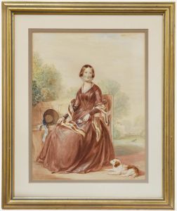 Mid 19th Century Watercolour - Lady with Dog