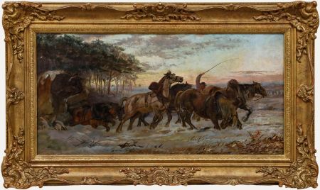 William H. Hopkins (fl.1853-1892) - Signed 1869 Oil, Struggling in Snow