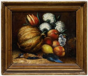 Framed 19th Century Oil - Still Life with Kingfishers, Fruit & Flowers