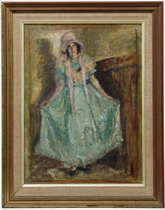 Framed Mid 20th Century Oil - Curtsy in the Green Dress