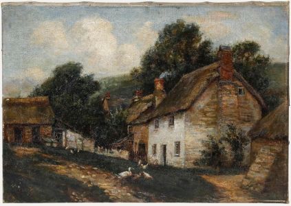 Early 20th Century Oil - Ducks Before a Stone Cottage