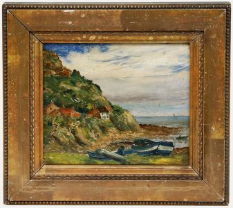 Framed Early 20th Century Oil - Fishing Boats in a Cove